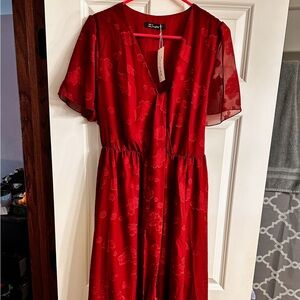 Maroon floral dress, belt at waist